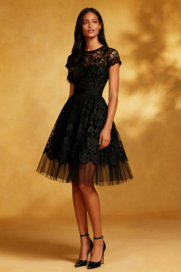 A Line Round Neck Open Back Lace Little Black Dress